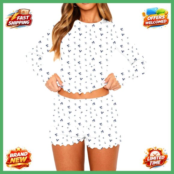 Other - Women's 2-Piece Pajama Set Long Sleeve Crop Top Shorts Soft Polyester Spandex